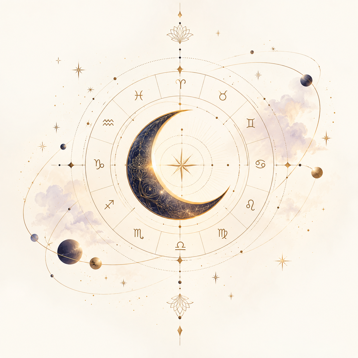 Illustrated astrology wheel with zodiac symbols encircling a golden crescent moon, orbited by stars and planets
