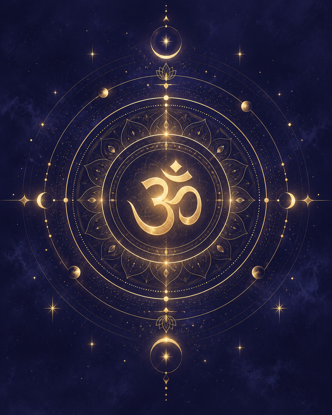 A sacred Om symbol glowing at the center of a golden celestial mandala, framed by moon phases and stars